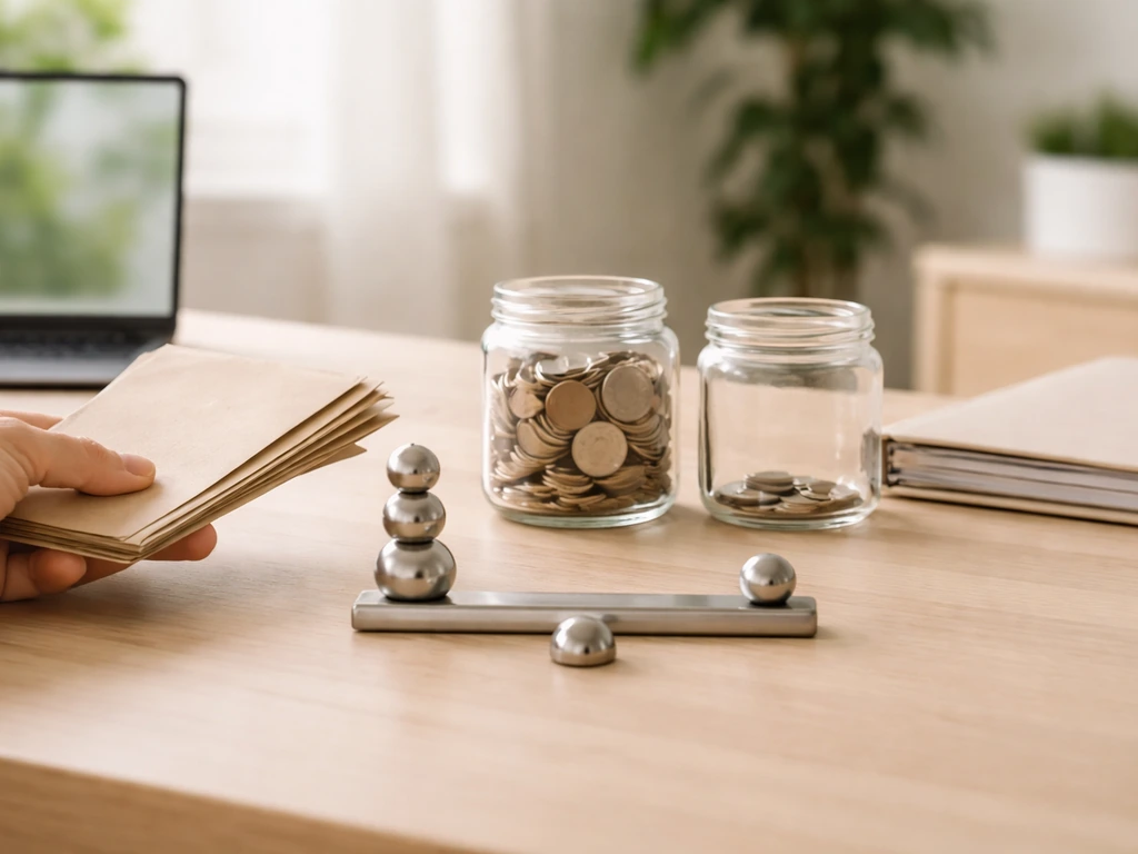 Hand on a simple desk with jars of coins and assets-vs-liabilities symbolism for net worth.