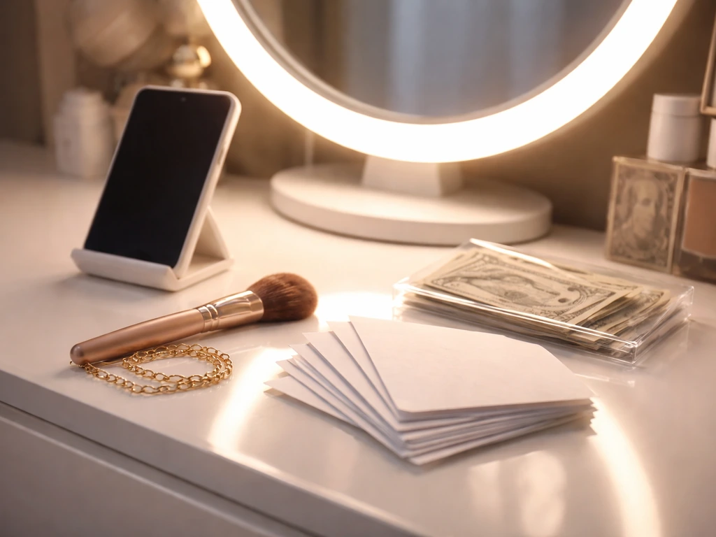 Reality-TV styled vanity setup with a phone and fee-like cards, symbolizing stipends and appearance income.