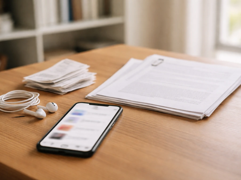 Minimal desk scene with smartphone, earbuds, and documents suggesting social/media income estimate verification.