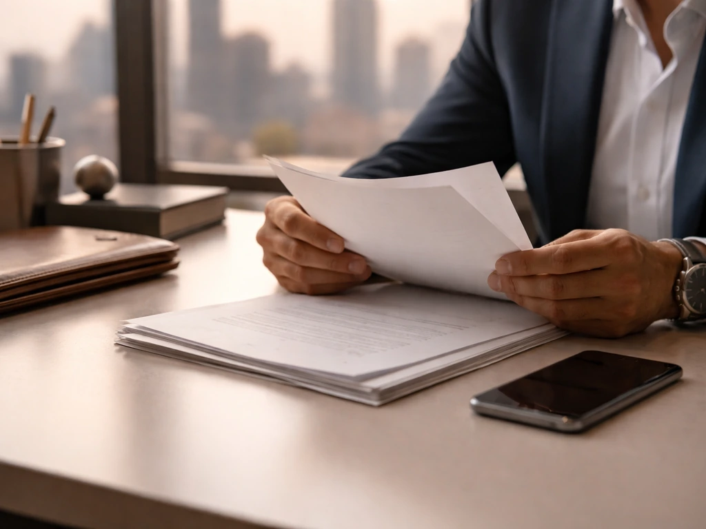 Office desk scene with a smartphone and documents, symbolizing calculating an executive’s net worth