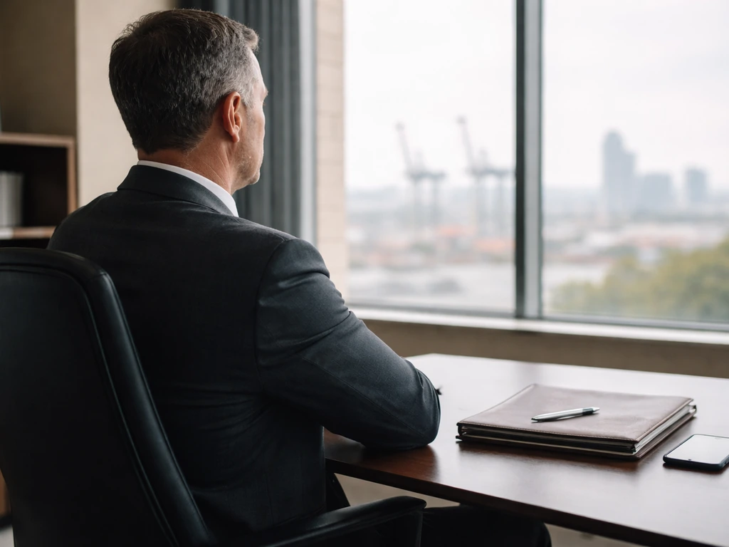 Anonymous finance professional in a sleek office with a city skyline outside, suggesting an industrial executive
