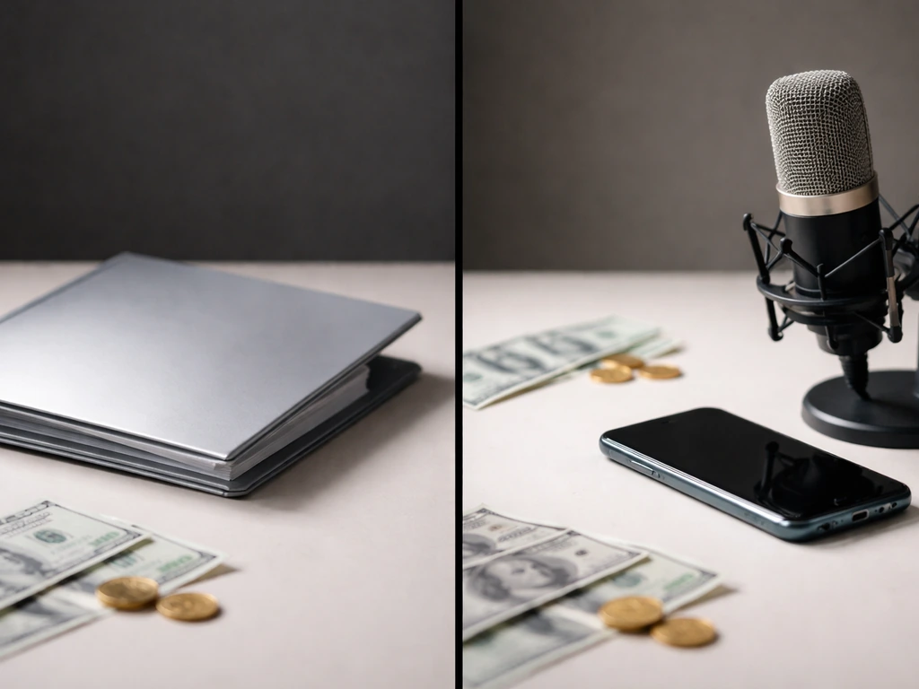 Minimal desk scene with blank business folder and smartphone beside coins and cash, suggesting net-worth estimates compa
