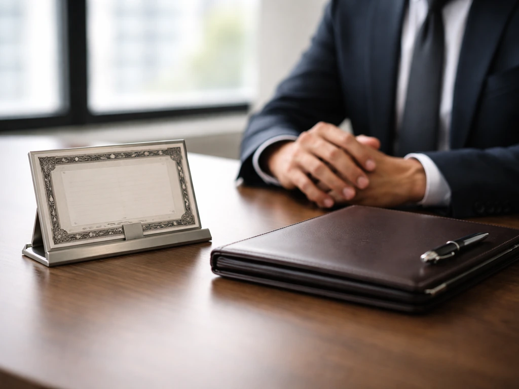 Minimal photo of a suit-wearing business executive at a desk with a sleek metal share certificate holder.