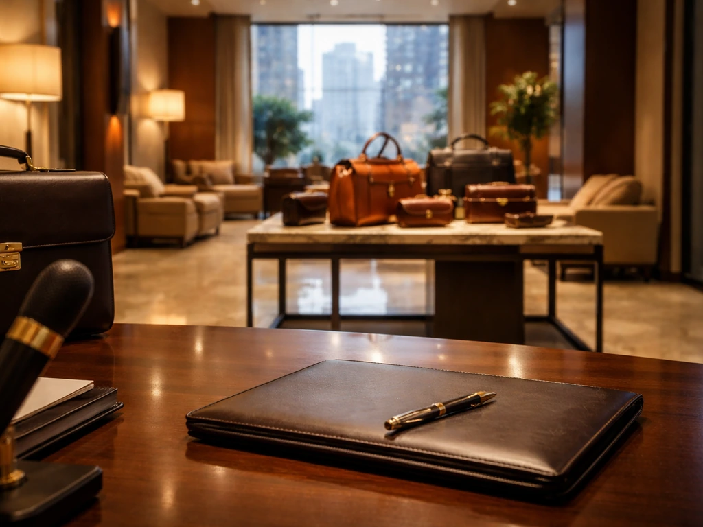 Luxury fashion headquarters interior with cashless finance mood—Italian business setting, no people.