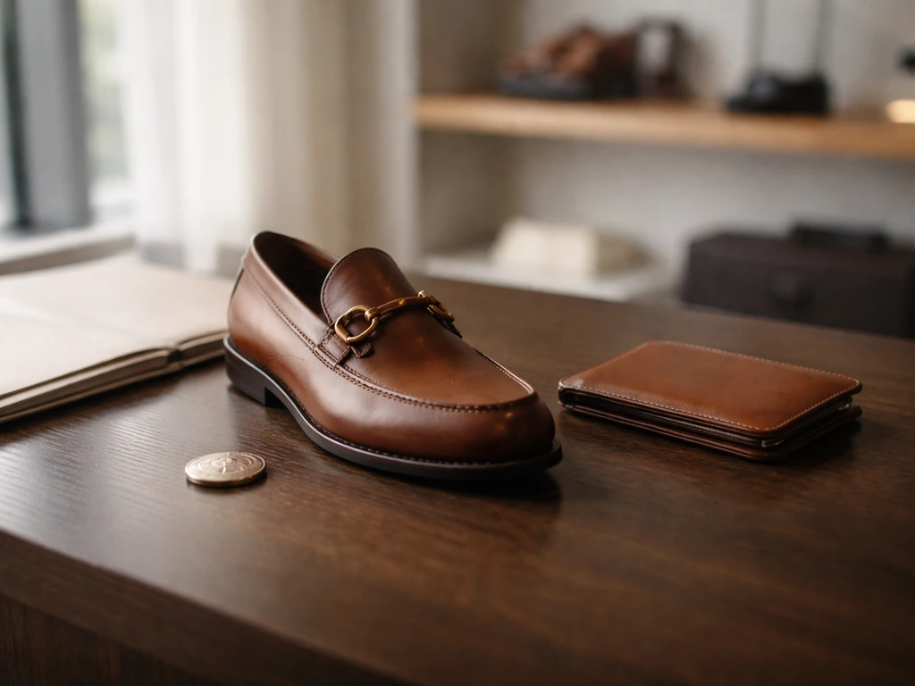 Luxury leather loafers and wallet on a wooden desk, with a subtle ownership cue token nearby.