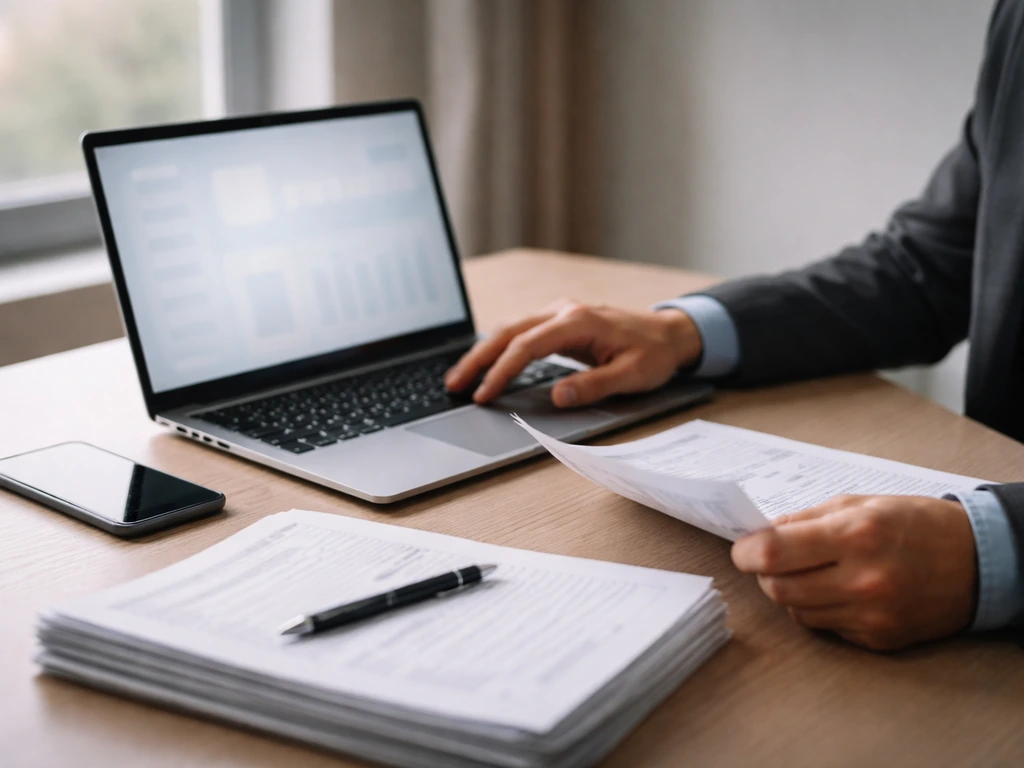 Anonymous analyst’s hands reviewing finance on a laptop in a quiet office with documents nearby.