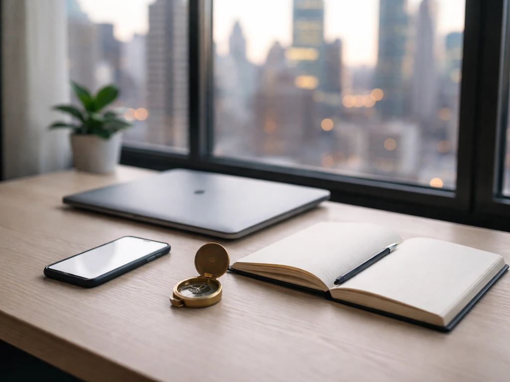 Minimal NYC office desk with travel items and blurred city view, symbolizing a tech travel startup.