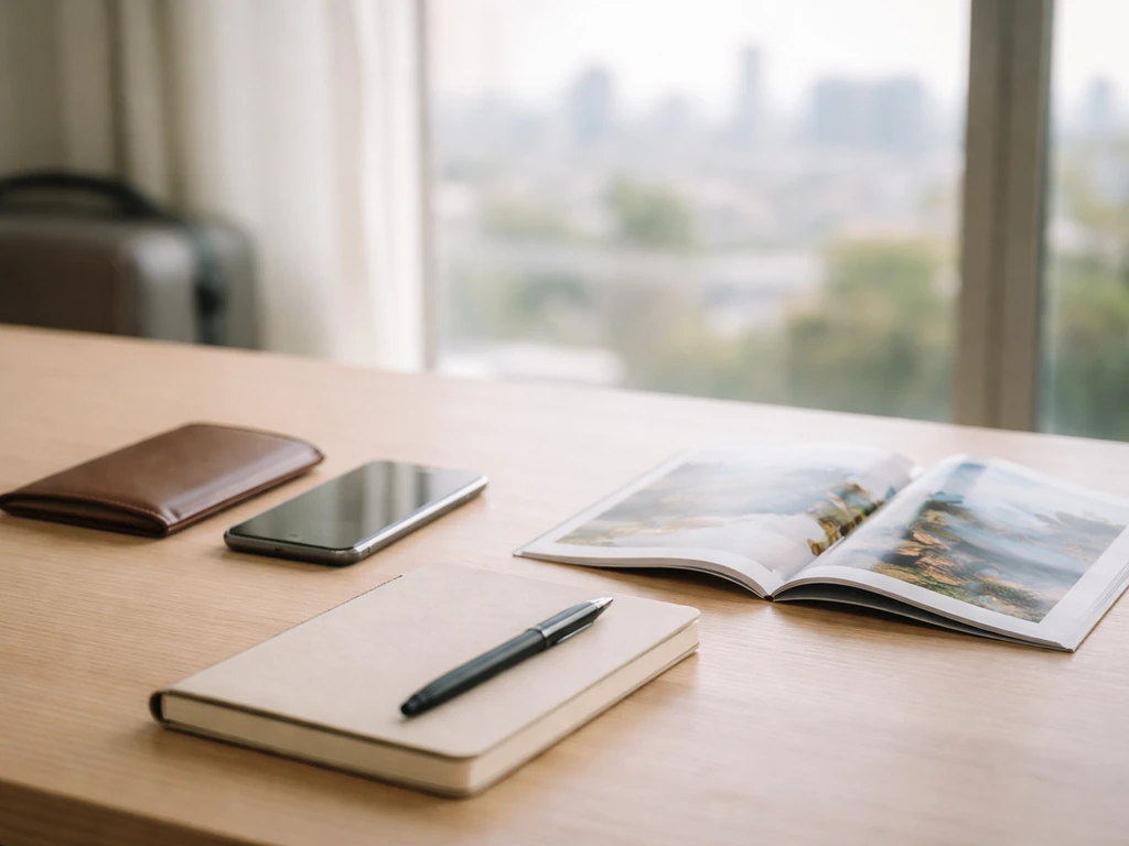 Quiet travel-planning office desk with smartphone, passport, and a glossy brochure, symbolizing entrepreneurship income.