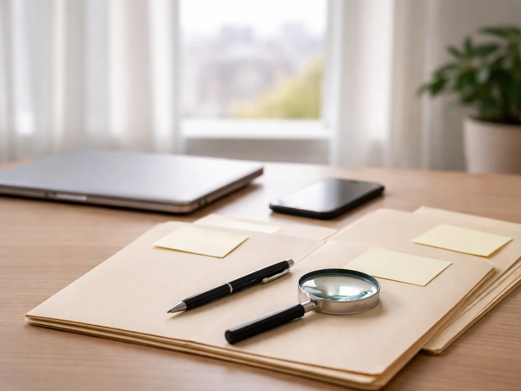 Minimal desk scene with laptop, phone, magnifying glass, and blank folders for verifying business info