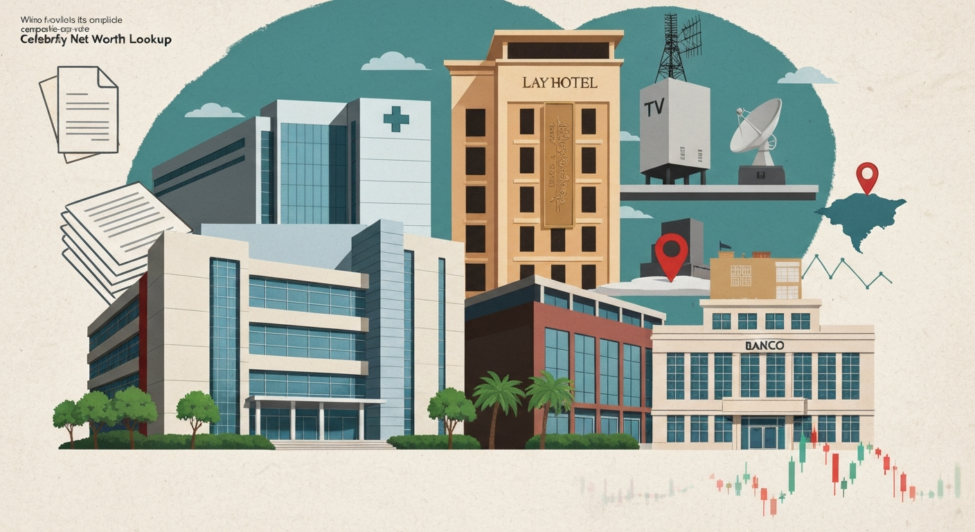 Illustrated montage of a private Mexican conglomerate's assets: hospital, luxury hotel, TV studio, bank, and offshore holding symbols.