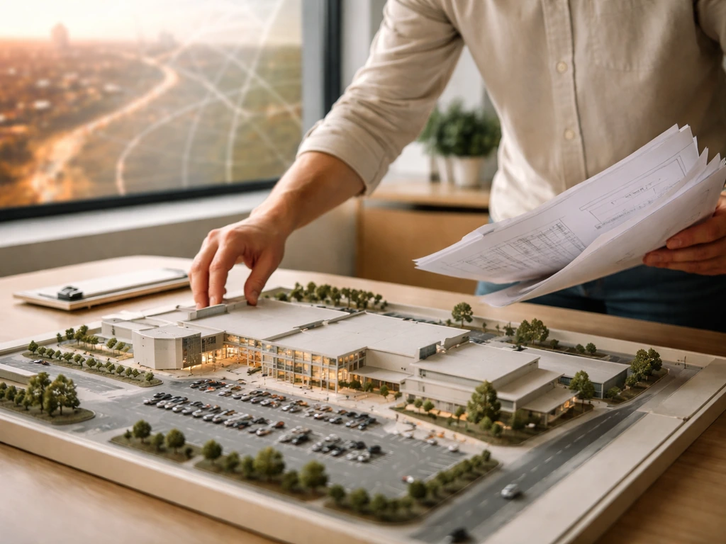 Persona revisando una maqueta de centro comercial y documentos de proyecto sobre una mesa, con un mapa borroso al fondo.