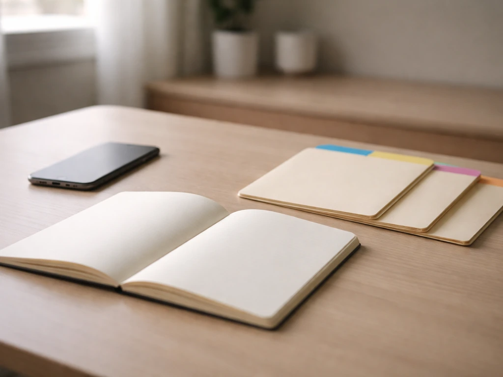 Minimal desk scene with a notebook and several labeled folders for verifying identity without showing a person.