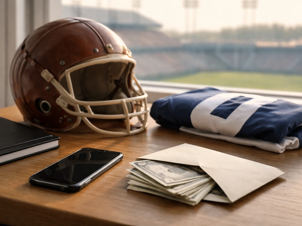 Anonymous football helmet and jersey on a desk with an off smartphone, symbolizing career earnings and contracts.