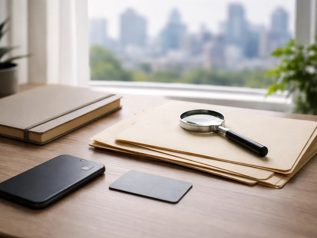 Minimal desk scene with scattered documents and a smartphone beside a blurred city view, symbolizing verifying an online