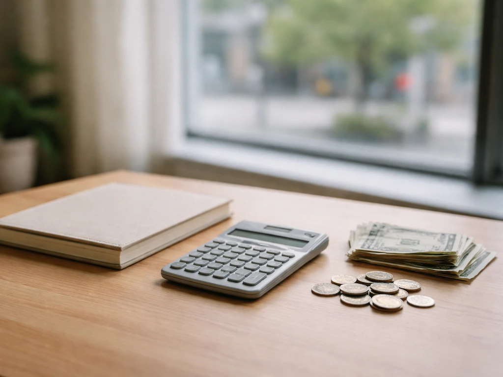 Minimal desk scene with a notebook, calculator, and scattered coins symbolizing how a net worth estimate is built