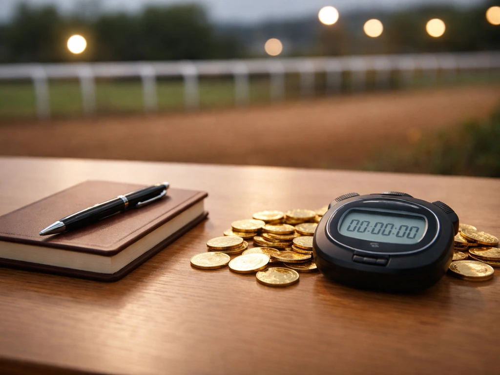 Minimal desk scene with coins, pen, and stopwatch, with a blurred stadium track background implying career shifts.