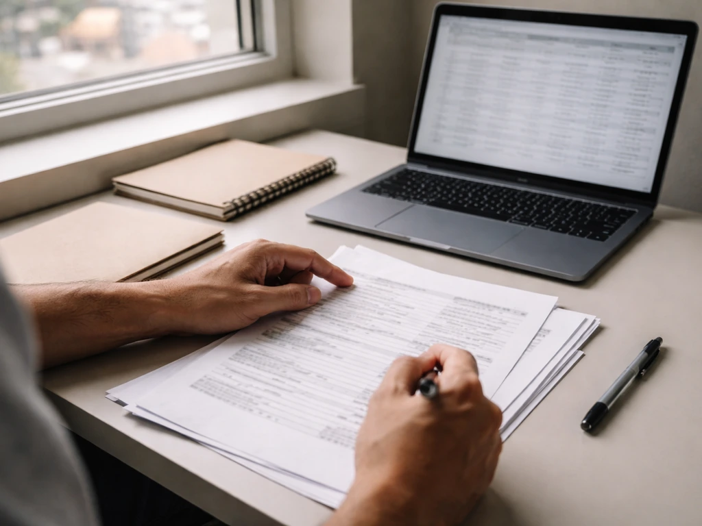 Anonymous hands review public-record documents and spreadsheet data on a desk, symbolizing net worth research.