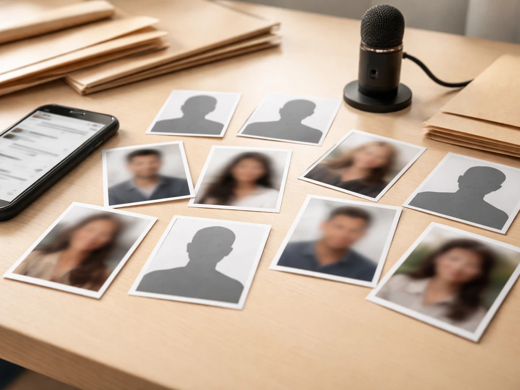 Anonymous photo thumbnails and desk items suggesting searching for the right person named Vargas.