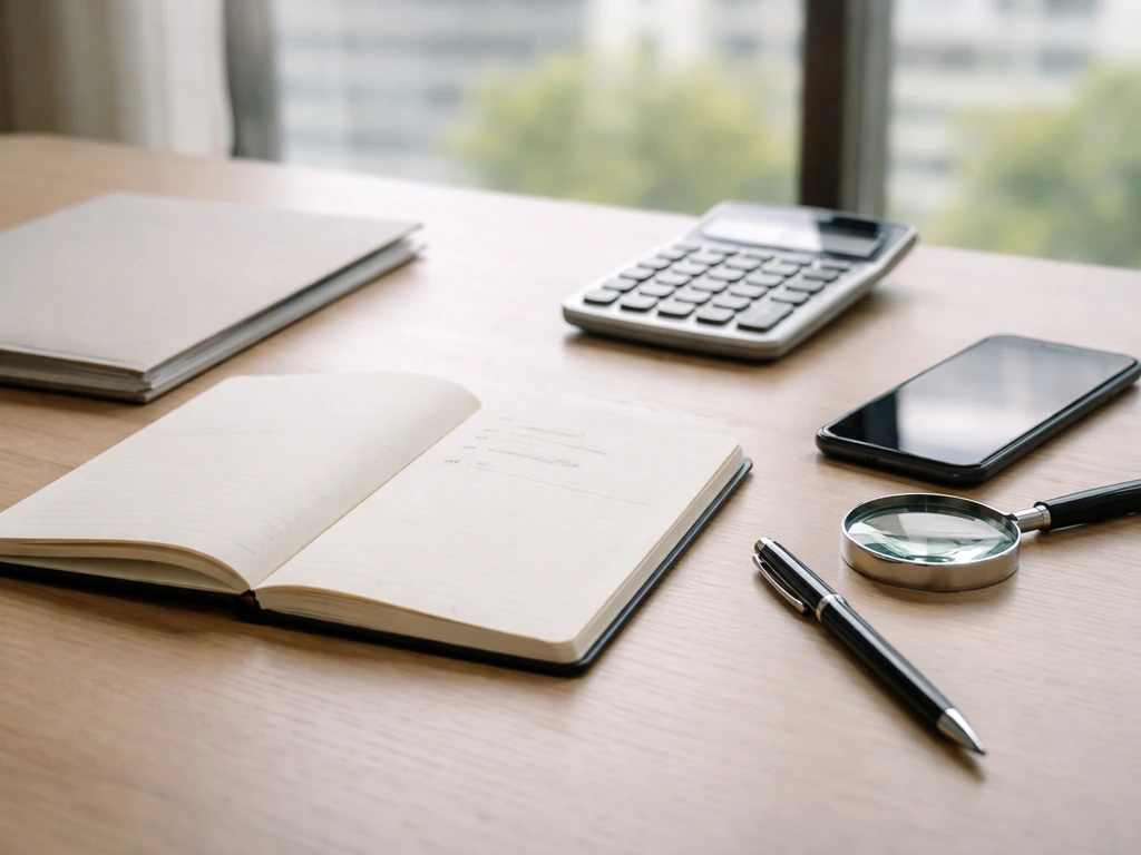 Minimal office desk with a notebook, calculator, and magnifying glass suggesting public-source wealth estimation