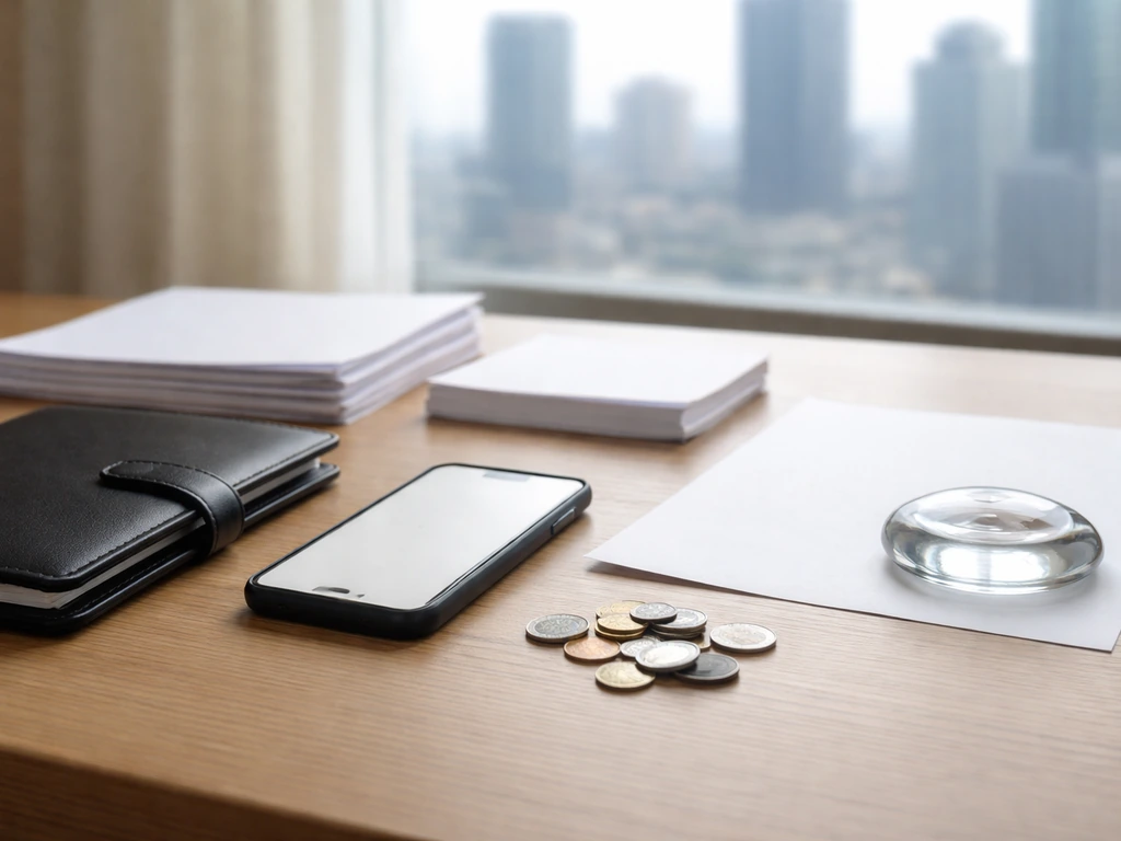 Anonymous desk with coins and blank papers beside a phone, symbolizing differing net worth estimates.