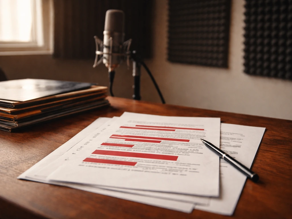 Music studio tabletop with contract papers, pen, vinyl records, and a wired microphone in soft light.