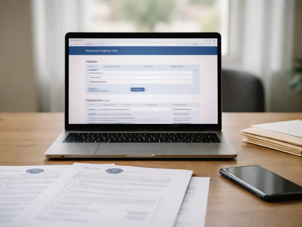 Minimal desk scene with laptop showing a generic business registry lookup and blurred public-record papers