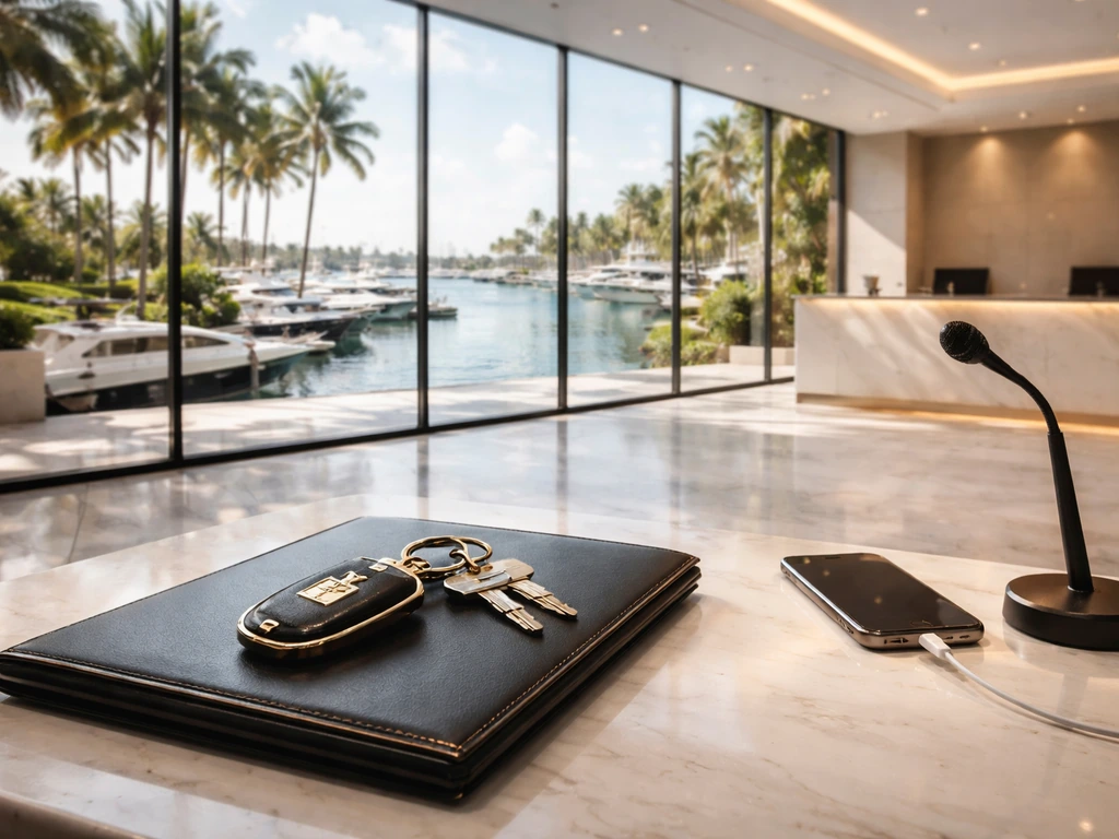Minimal South Florida luxury office overlooking a marina, with keys and documents suggesting real-estate analysis