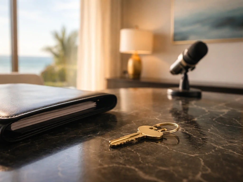 Minimal luxury office scene with a key, clipboard, and soft gold lighting symbolizing real estate wealth.