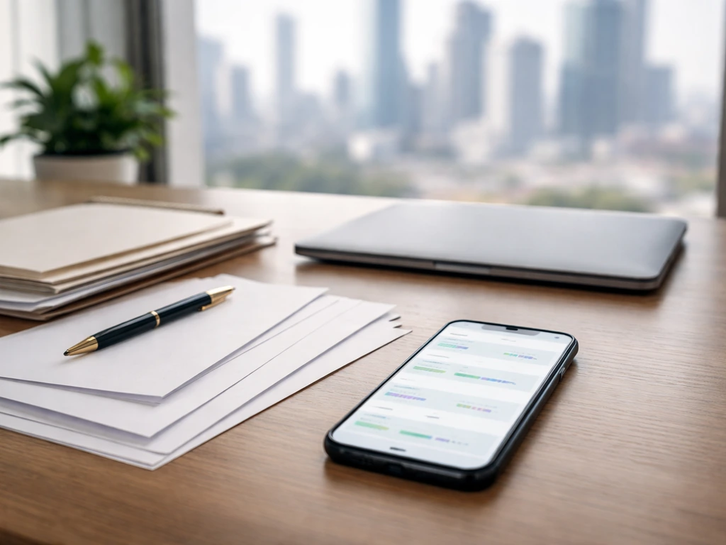 Minimal office scene with blurred finance documents and a smartphone showing a generic net-worth range