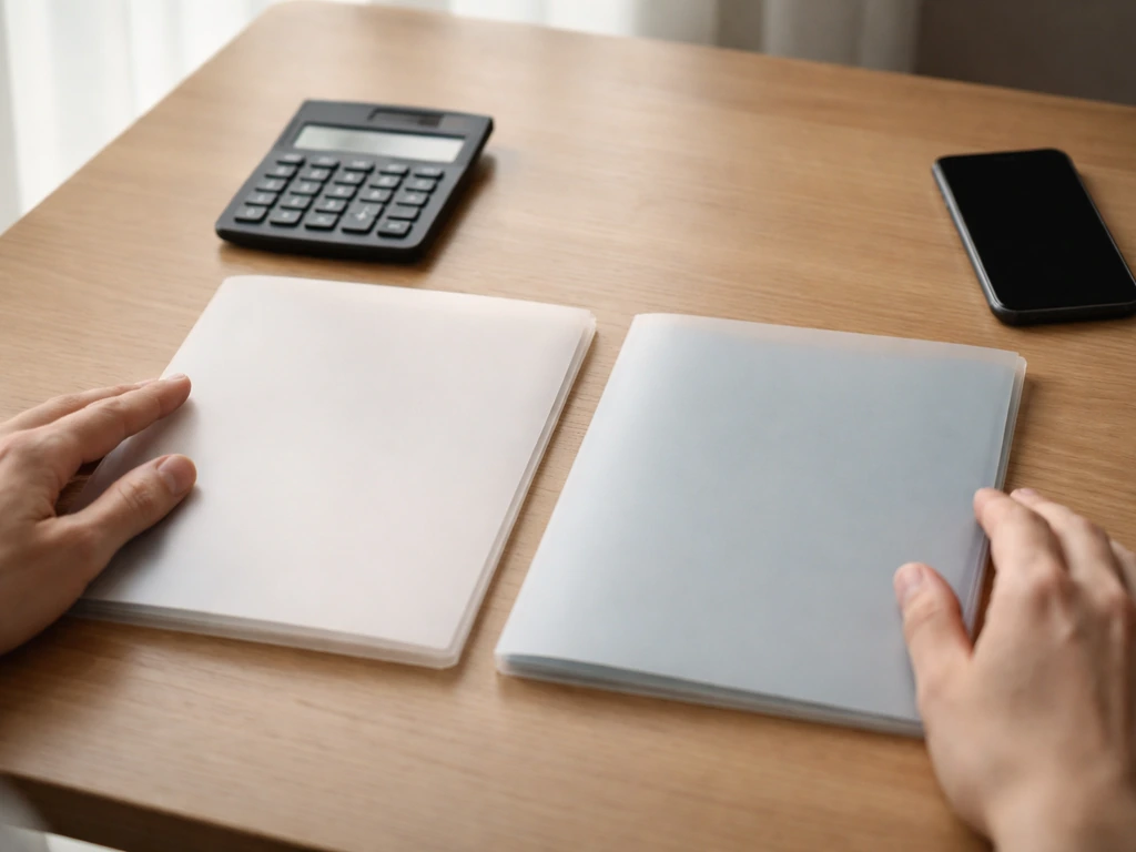 Hands place two plain folders beside a calculator and phone on a wooden desk in natural light.