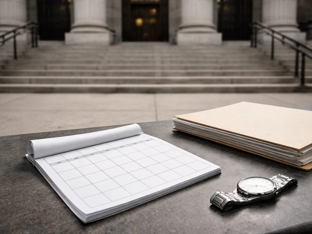 Courthouse steps with a small calendar page symbolizing legal house arrest timeline