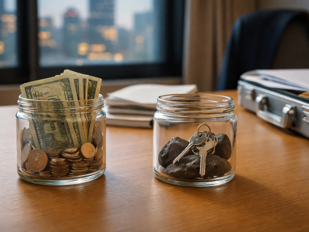 Desk scene with cash and coins versus rocks and keys, symbolizing assets minus liabilities.