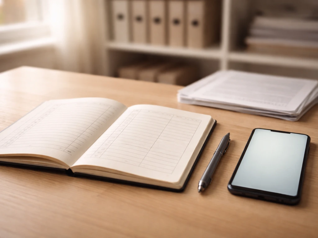 Minimal desk with open notebook and pen for compiling a blank net-worth estimate checklist.