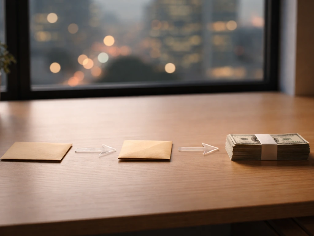 Minimal office scene with blurred city lights and a timeline-like arrangement of money envelopes on a desk