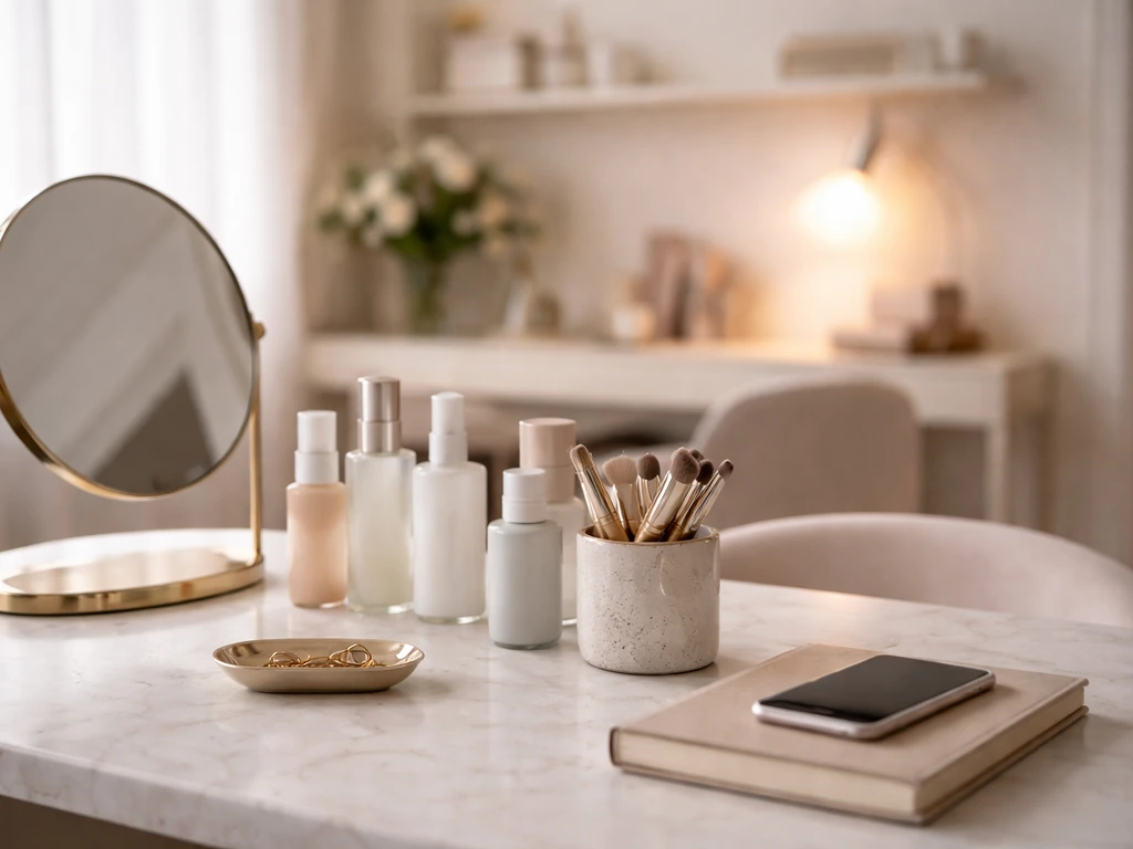 Minimal beauty brand studio desk with unlabeled skincare bottles and a mirror, suggesting entrepreneurship and founder w