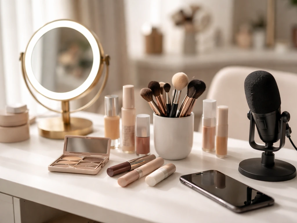 Minimal beauty studio desk with makeup tools and microphone, symbolizing a beauty founder identity search.
