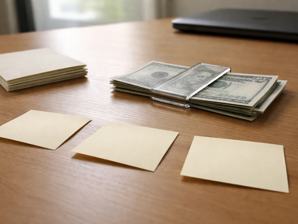 Minimal desk scene with scattered cash and a range-style scale concept using empty, unlettered sticky notes