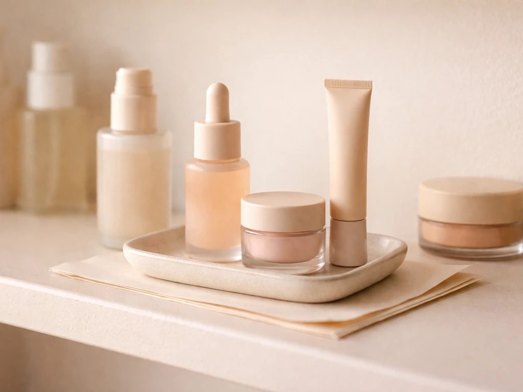 Close-up of beauty products and packaging on a minimal studio shelf in natural light.