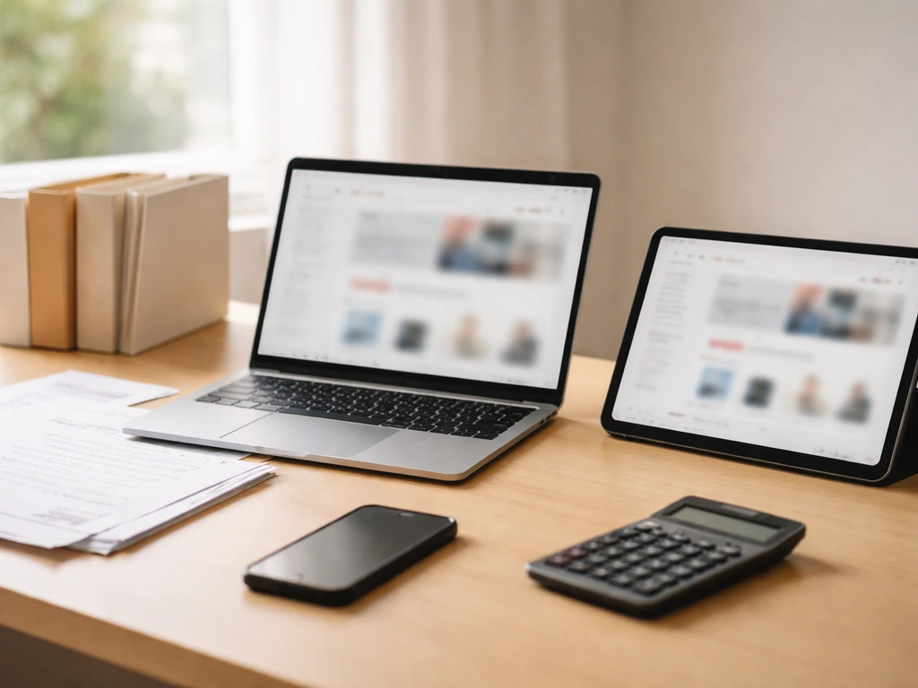 Desk with laptop and tablet showing a blurred website, with folders and sheets for verifying financial info