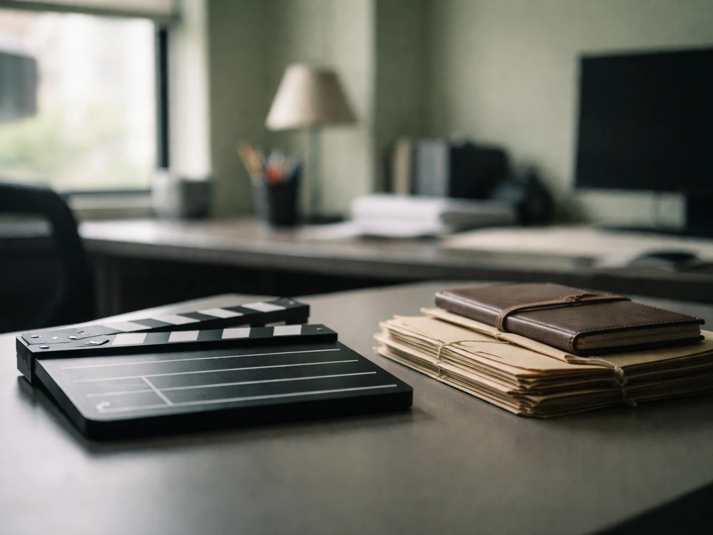 Minimal scene of a film production office desk with a movie clapperboard and cash envelopes, symbolic of net worth.