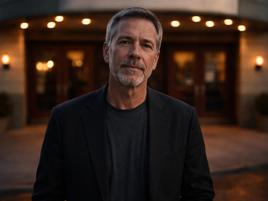 Anonymous older man in a dark jacket outside a vintage theater entrance at dusk.