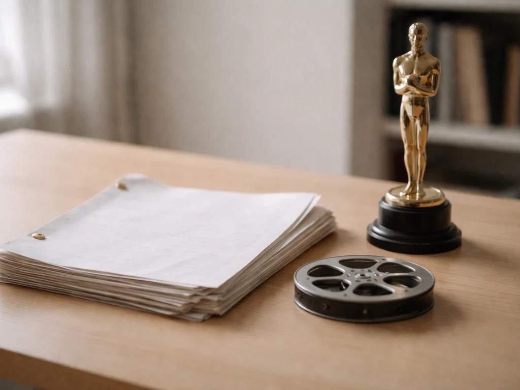 Minimal desk scene with blank script pages, a film reel, and a generic award trophy silhouette.