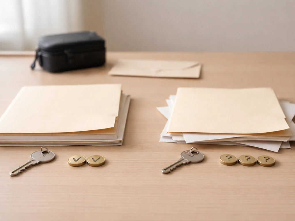 Minimal desk scene showing a key with blank documents, check tokens vs question tokens to suggest known vs guessed.