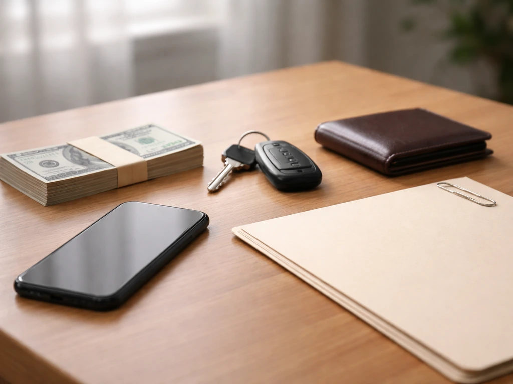 Minimal photo of a desk with cash, keys, a notebook, and a closed folder symbolizing assets vs liabilities.
