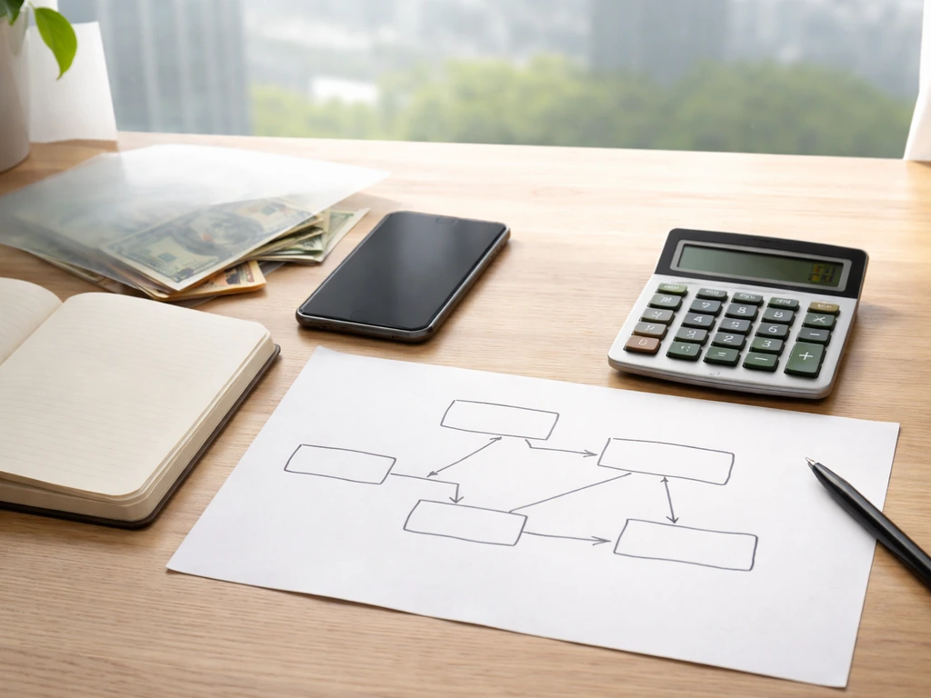 Desk with calculator and blank flow-box paper and currency, symbolizing wealth estimate steps.