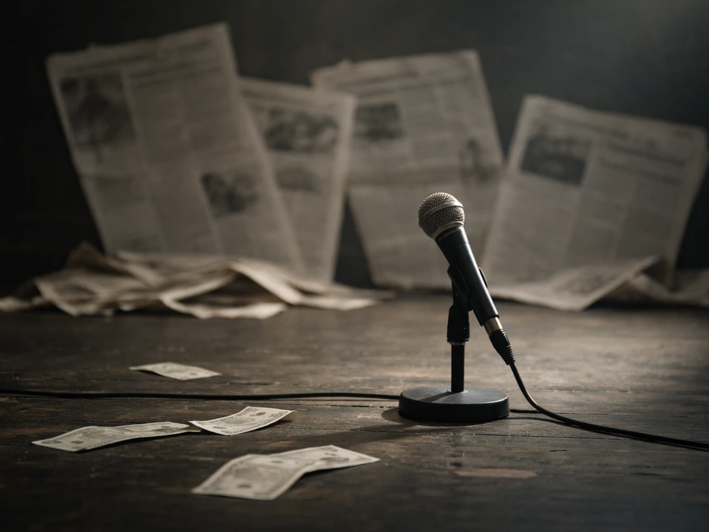 Minimal photo of a music stage microphone with scattered cash-like bills and faded headlines to suggest inflated numbers