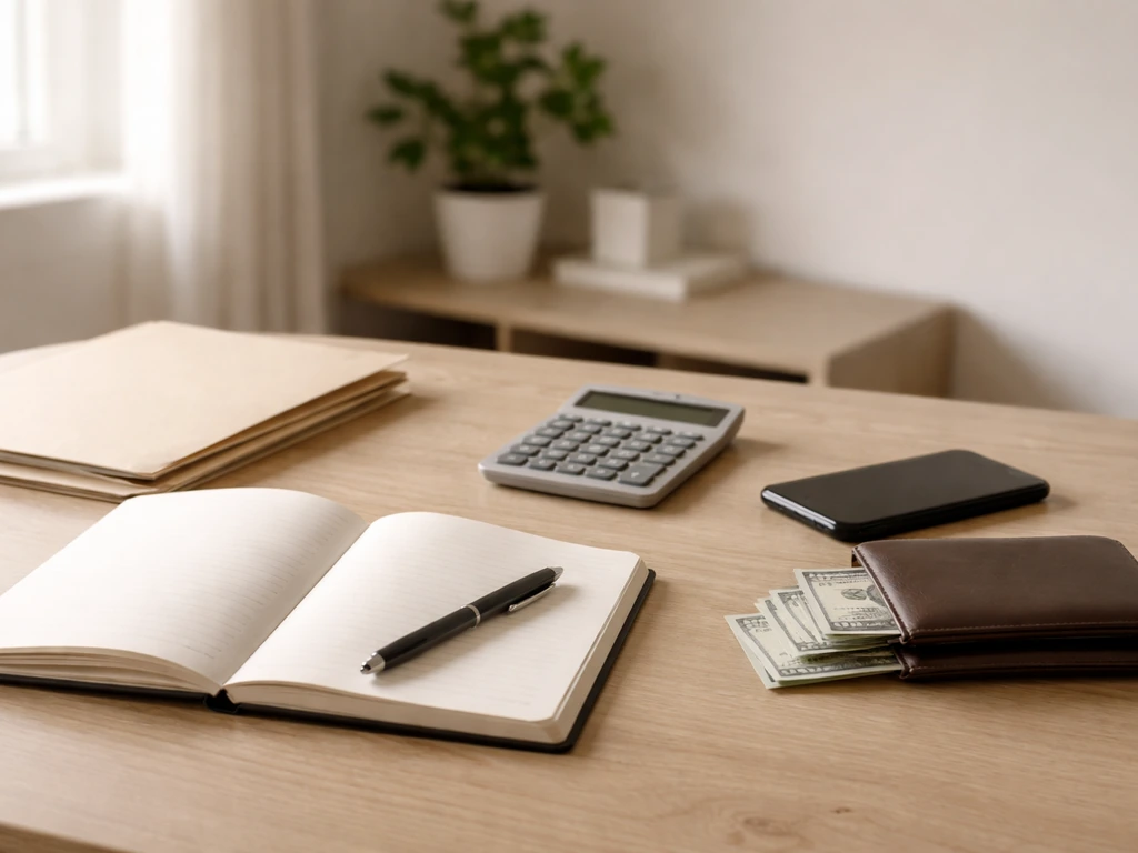 Minimal desk with calculator, notebook, and money—symbolizing a net worth range estimate.