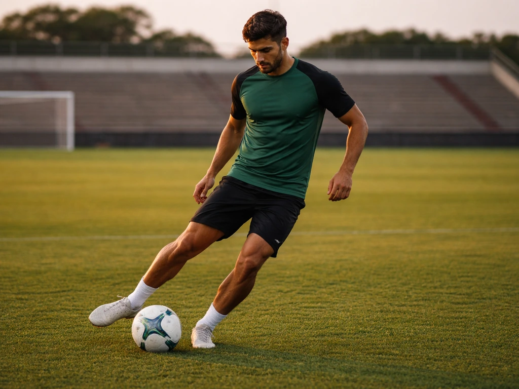 Footballer training on a Liga MX–style pitch at dusk, wearing a team kit and focused on the ball.