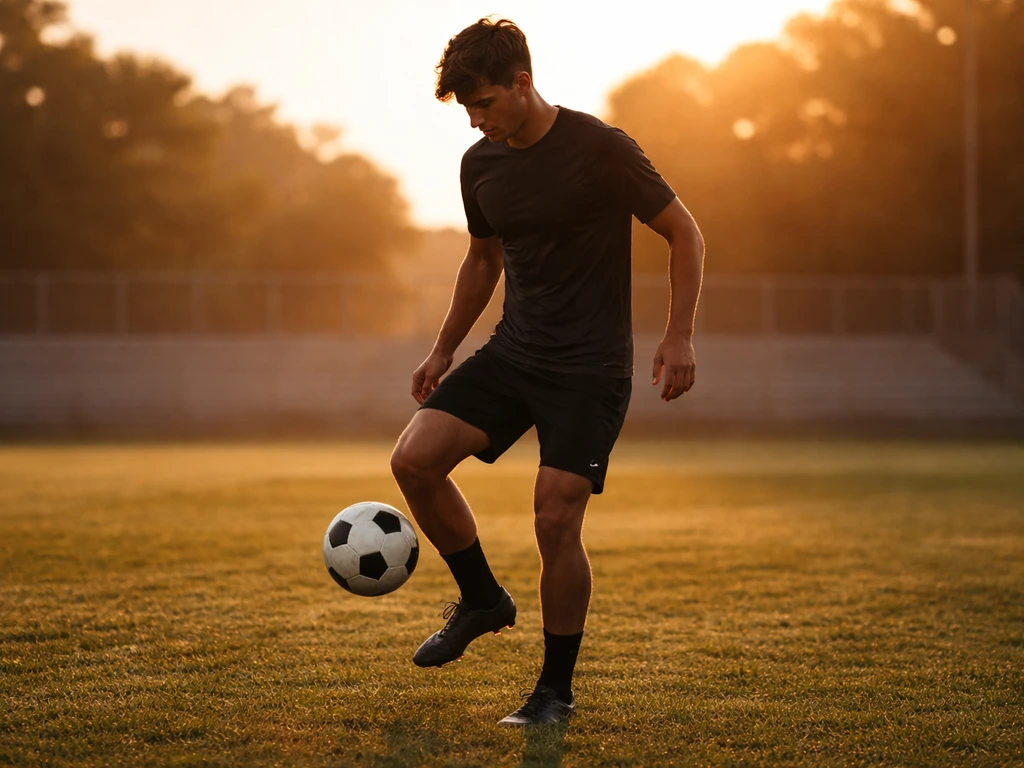 Anonymous young soccer player training on a grass field at sunrise with a ball.