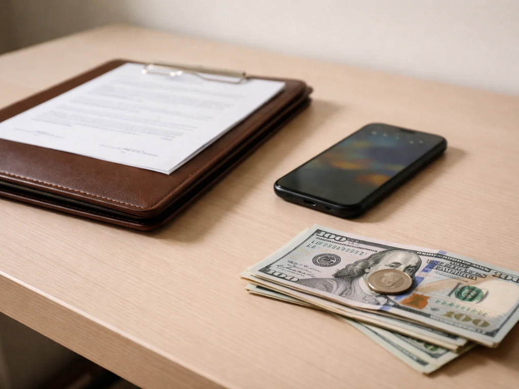 Minimal photo of a football contract folder beside cash and a smartphone on a desk